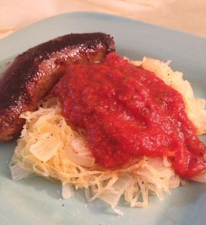 This is what we had for dinner and example of spaghetti squash cooked correctly. We had spicy sausage, tomato sauce and spaghetti (for him) / spaghetti squash with butter and sauted onions (my leftovers from last week).