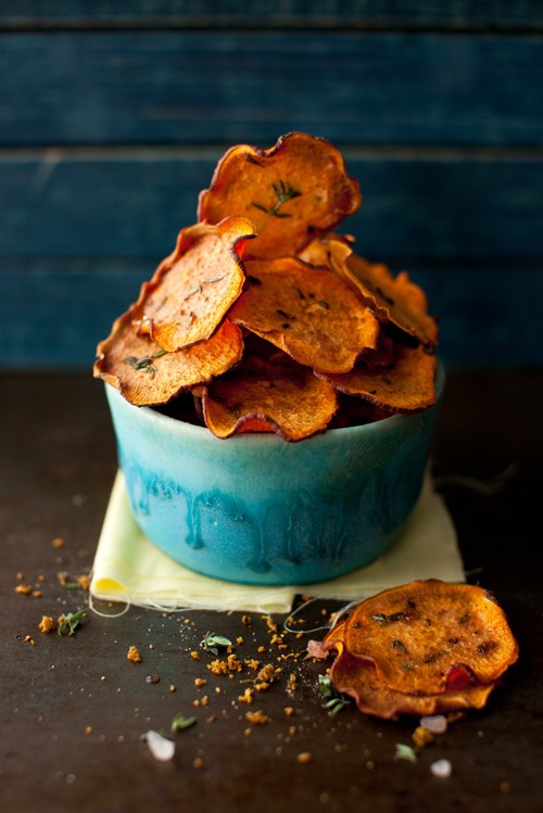 Orange Sweet Potato Baked Chips with Thyme. Photo and recipe courtesy of Cooking Melangery.